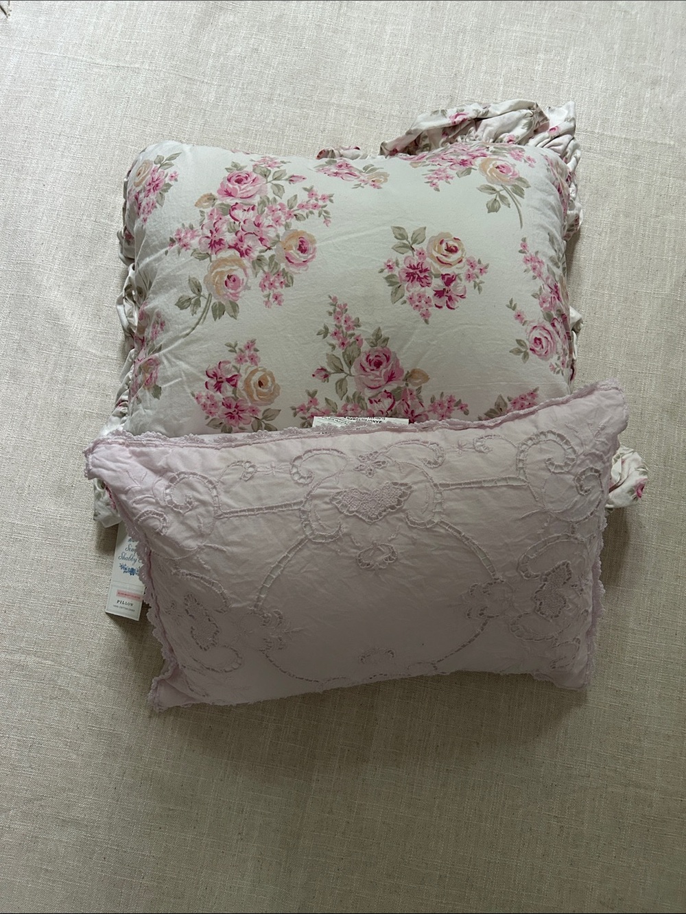 Simply Shabby Chic Accent Pillow Set Pink Floral and Blush Embroidered Ruffle
